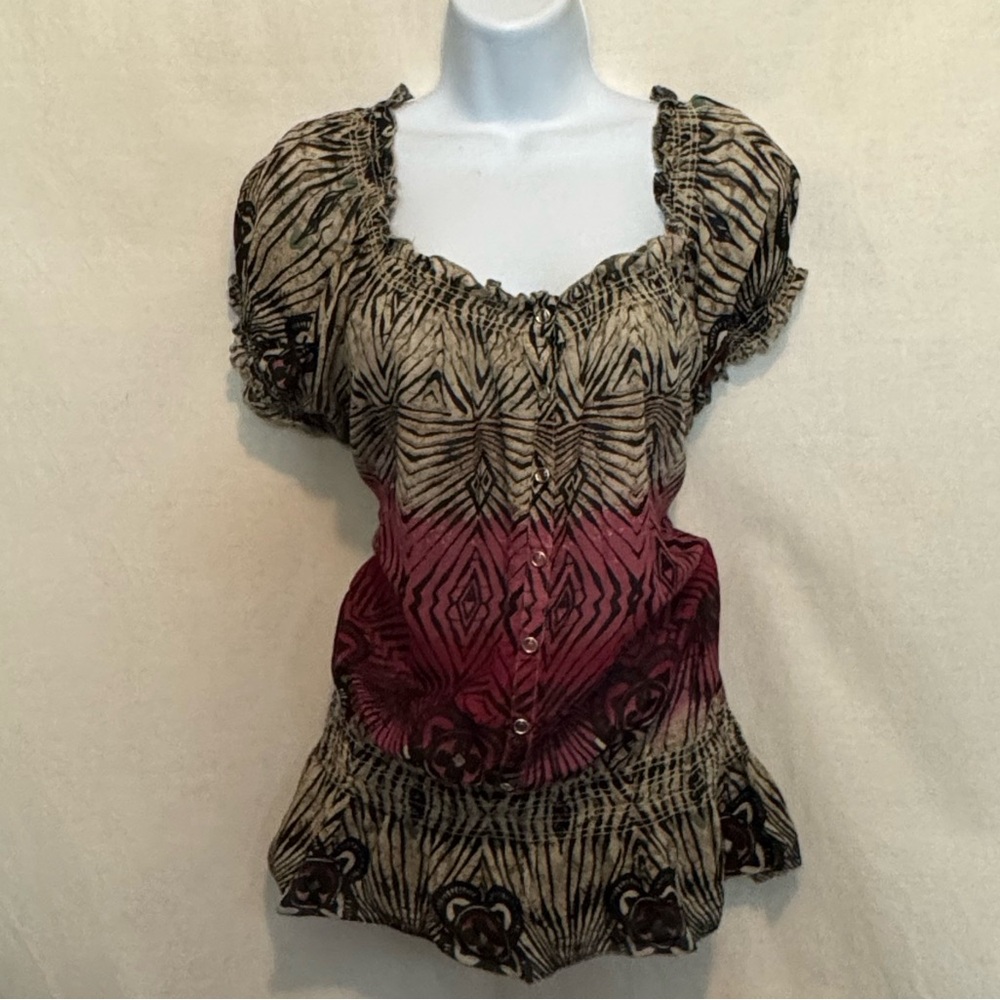 H-187 Nine West Jeans Cream Black‎ & Red Peplum Short Sleeve Blouse Size L
